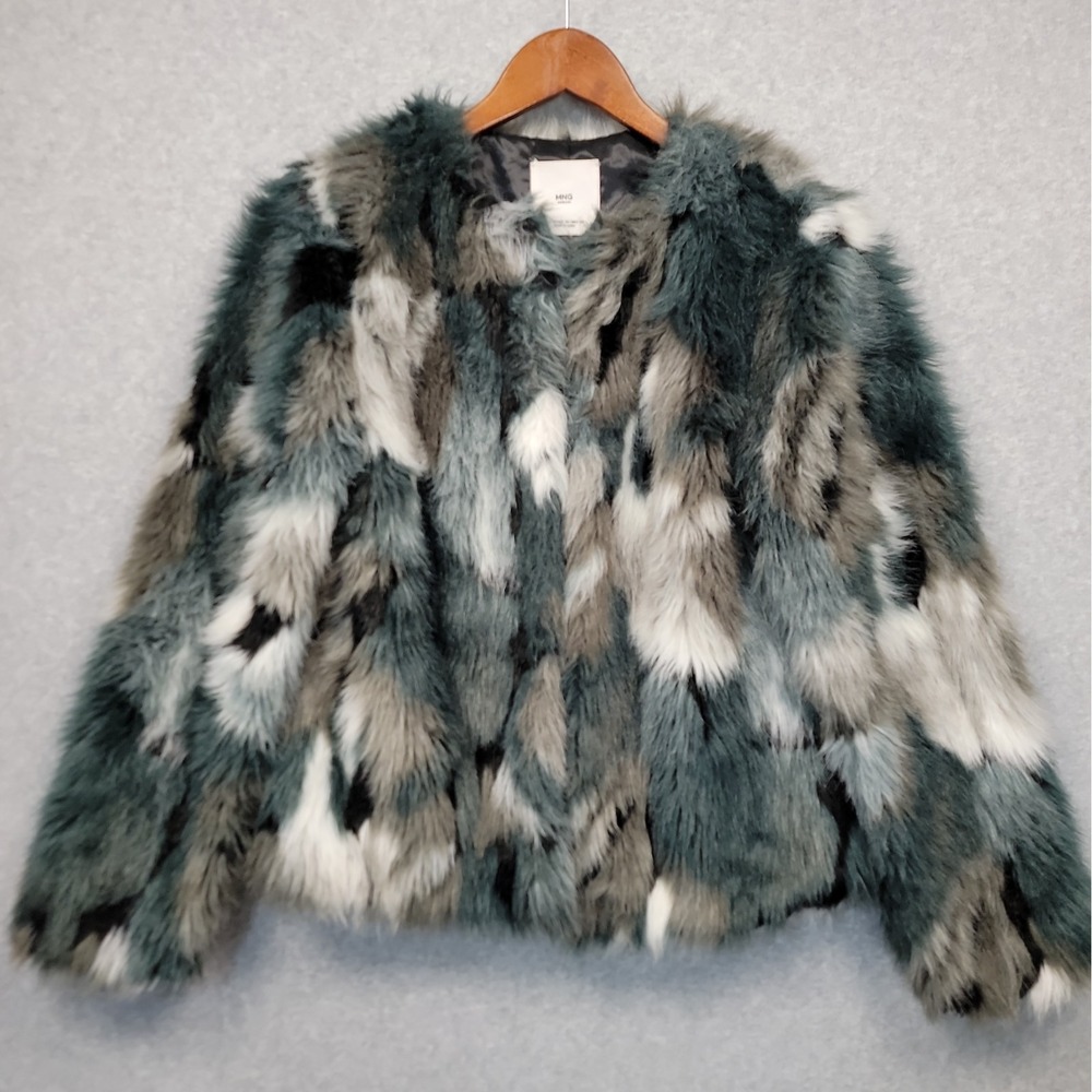 Mango MNG Green Multicolor Faux Fur Jacket Coat Lined Hook Front Size XS Glamour